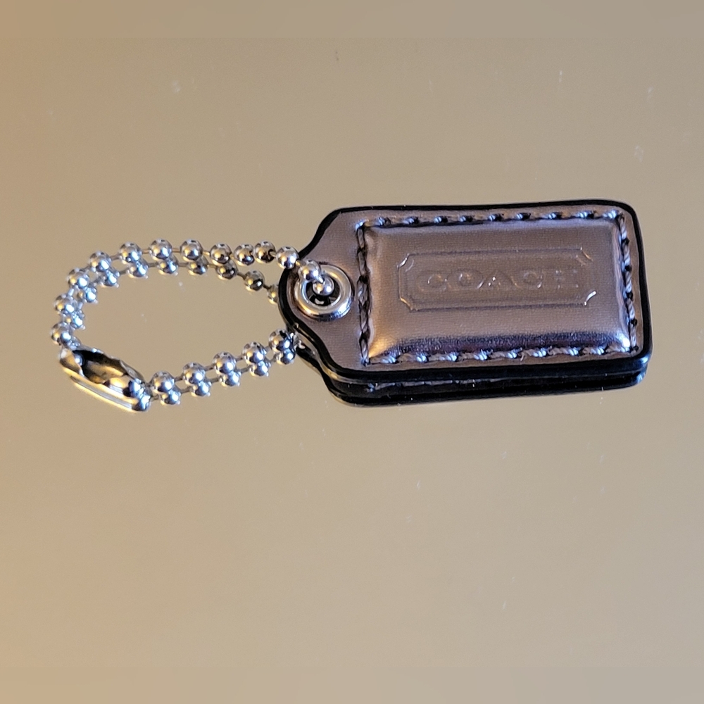 Coach Vintage Mini Metallic Pewter Leather Bag Charm /Tag /Fob w/Chain